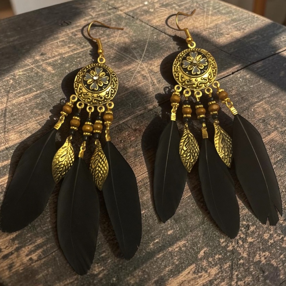Boho Gold and Black Feather Dangle Earrings Dream Earrings Native Style